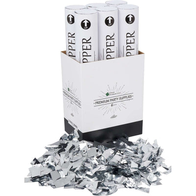Clover Products Premium Large Premium Confetti Cannon – 6 Pack Silver Mylar Confetti Popper | Compressed Air Launches Confetti 20-25 feet | Party Poppers for any Celebration.